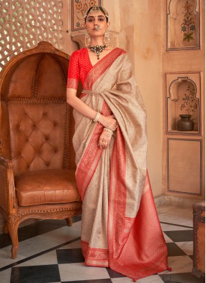 Stunning Dark Beige Banarasi Silk Contemporary Saree