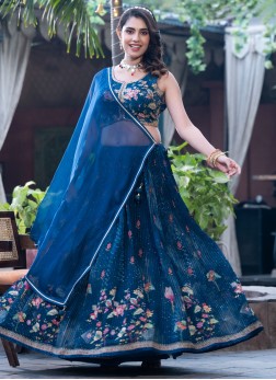 Exclusive Blue Chinon Silk Embroidered Lehenga Cho