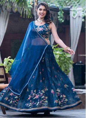 Exclusive Blue Chinon Silk Embroidered Lehenga Choli