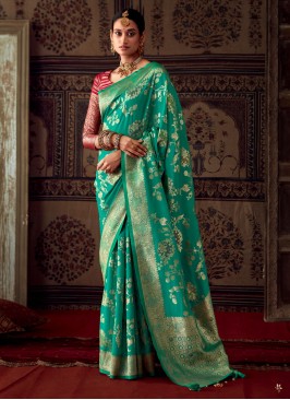 Designer Aqua Blue Banarasi Crepe Classic Saree