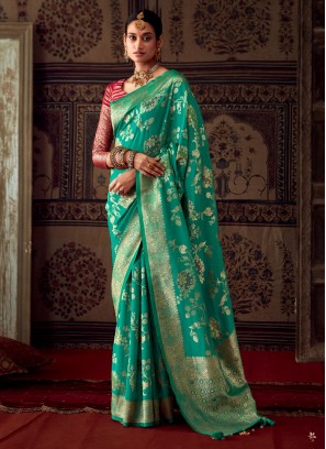 Designer Aqua Blue Banarasi Crepe Classic Saree