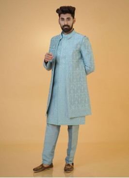 Designer Aqua Blue Jacket Style Indowestern Set
