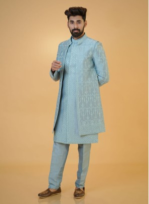 Designer Aqua Blue Jacket Style Indowestern Set