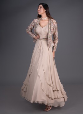 Designer Beige Color Gown With Embroidered Jacket