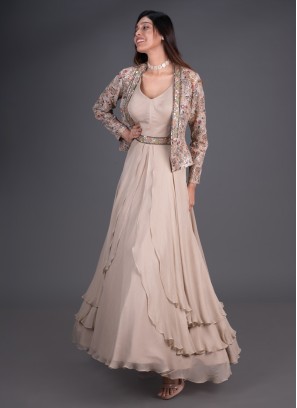 Designer Beige Color Gown With Embroidered Jacket