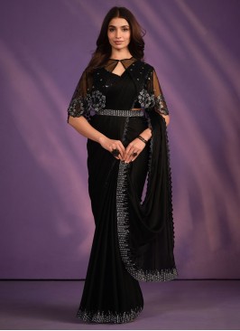 Designer Black Crepe Satin Saree For Women