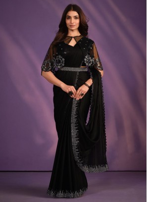 Designer Black Crepe Satin Saree For Women