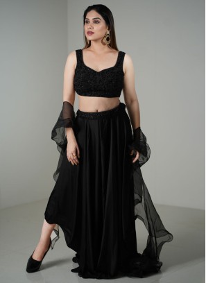 Black Designer Crop Top & Palazzo Suit With Dupatta