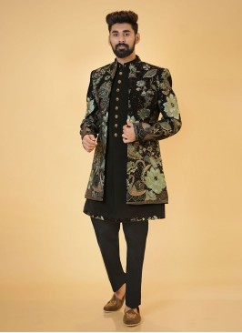 Designer Black Velvet Jacket Style Indowestern For Groom