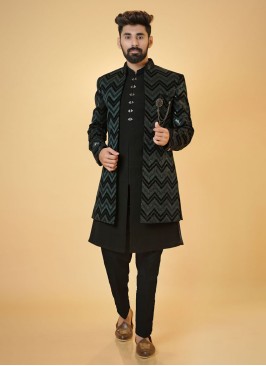 Designer Black Zig Zag Work Jacket Style Indowestern Set