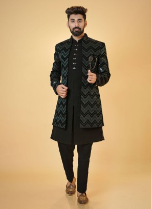 Designer Black Zig Zag Work Jacket Style Indowestern Set