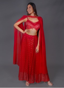 Designer Cherry Red Embroidered Palazzo Crop-Top Set