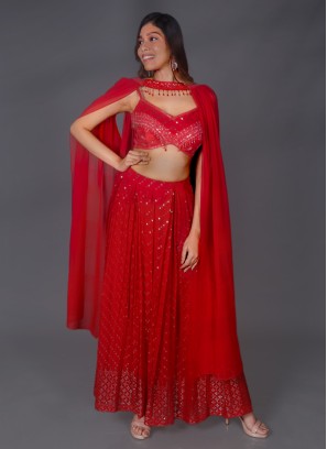 Designer Cherry Red Embroidered Palazzo Crop-Top Set