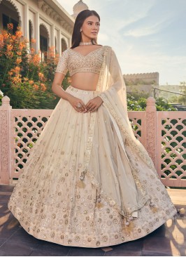 Designer Cream Chiffon Sequins Embroidered Lehenga Choli