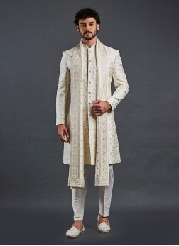 Designer Cream Embroidered Silk Sherwani Set For G