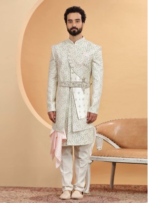 Designer Cream Sherwani In Silk For Groom