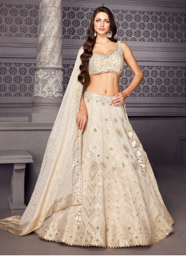 Designer Cream Silk A-Line Lehenga Choli