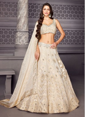 Designer Cream Silk A-Line Lehenga Choli