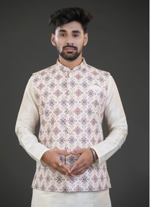 Designer Cream Silk Nehru Jacket For Men