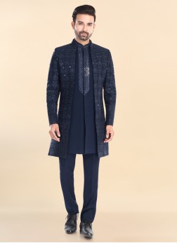 Designer Dark Blue Indowestern Set With Embroidere