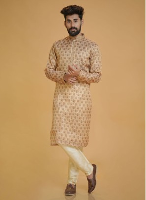 Designer Floral Printed Beige Silk Kurta Pajama