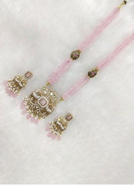 Designer Gold Finish Light Pink Long Necklace Set