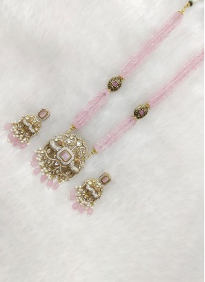 Designer Gold Finish Light Pink Long Necklace Set