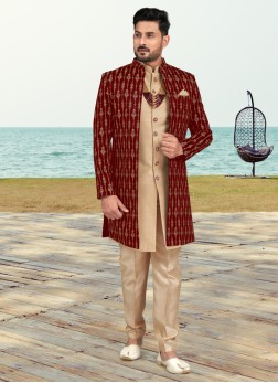 Designer Golden Cream And Maroon Embroidered Indow