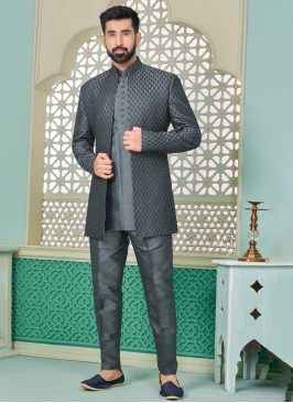 Designer Grey Jacket Style Indowestern Set