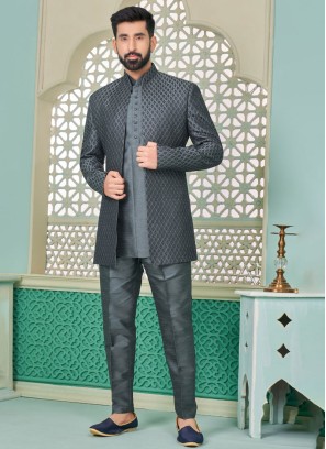 Designer Grey Jacket Style Indowestern Set