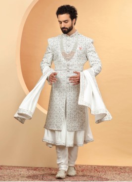 Designer Heavy Embroidered Cream Silk Sherwani With Dupatta