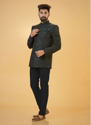 Designer Jacket Style Green Jodhpuri Suit