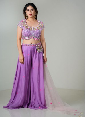 Buy Onion Pink Georgette Mirrors Crop top and Palazzo set with Embroidery