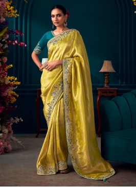 Designer Lemon Yellow Banarasi Woven Embroidered Saree