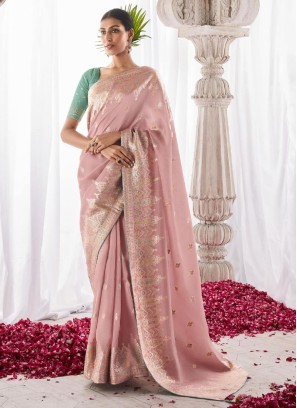 Designer Light Pink Zari Embellished Saree