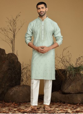 Designer Light Sea Green Thread Embroidered Kurta Pajama