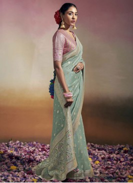 Designer Light Sea Green Zari Embellished Saree