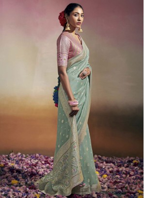 Designer Light Sea Green Zari Embellished Saree