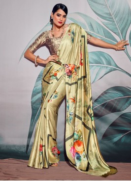 Designer Light Yellow Floral Printed Satin Saree