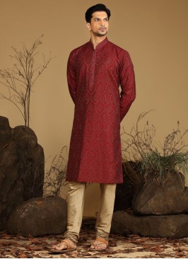 Designer Maroon Thread Embroidered Silk Kurta Pajama