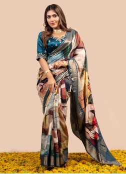 Designer Multi Printed Dola Silk Saree