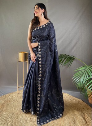 Designer Navy Blue Silk Saree