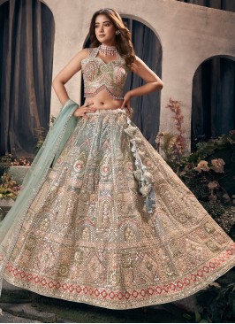 Pista Green Designer Net Lehenga Choli With Heavy 