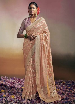 Designer Peach Dola Silk Wedding Saree