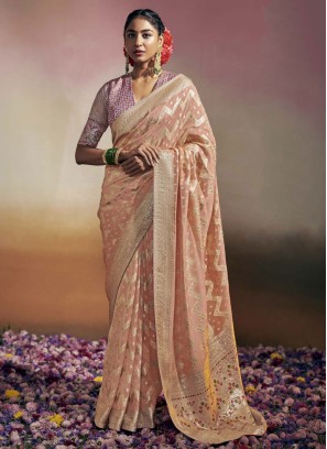 Designer Peach Dola Silk Wedding Saree