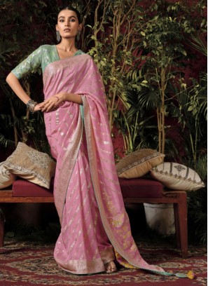 Designer Pink Weaving Dola Silk Saree