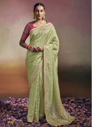 Designer Pista Green Embellished Dola Silk Saree