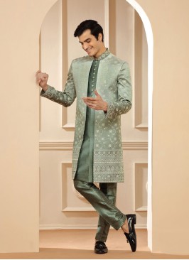Designer Pista Green Jaket Style Indowestern In Silk