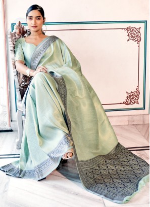 Designer Pista Green Kanjivaram Silk Festive Saree