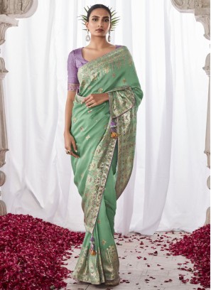 Designer Pista Green Kora Silk Classic Saree